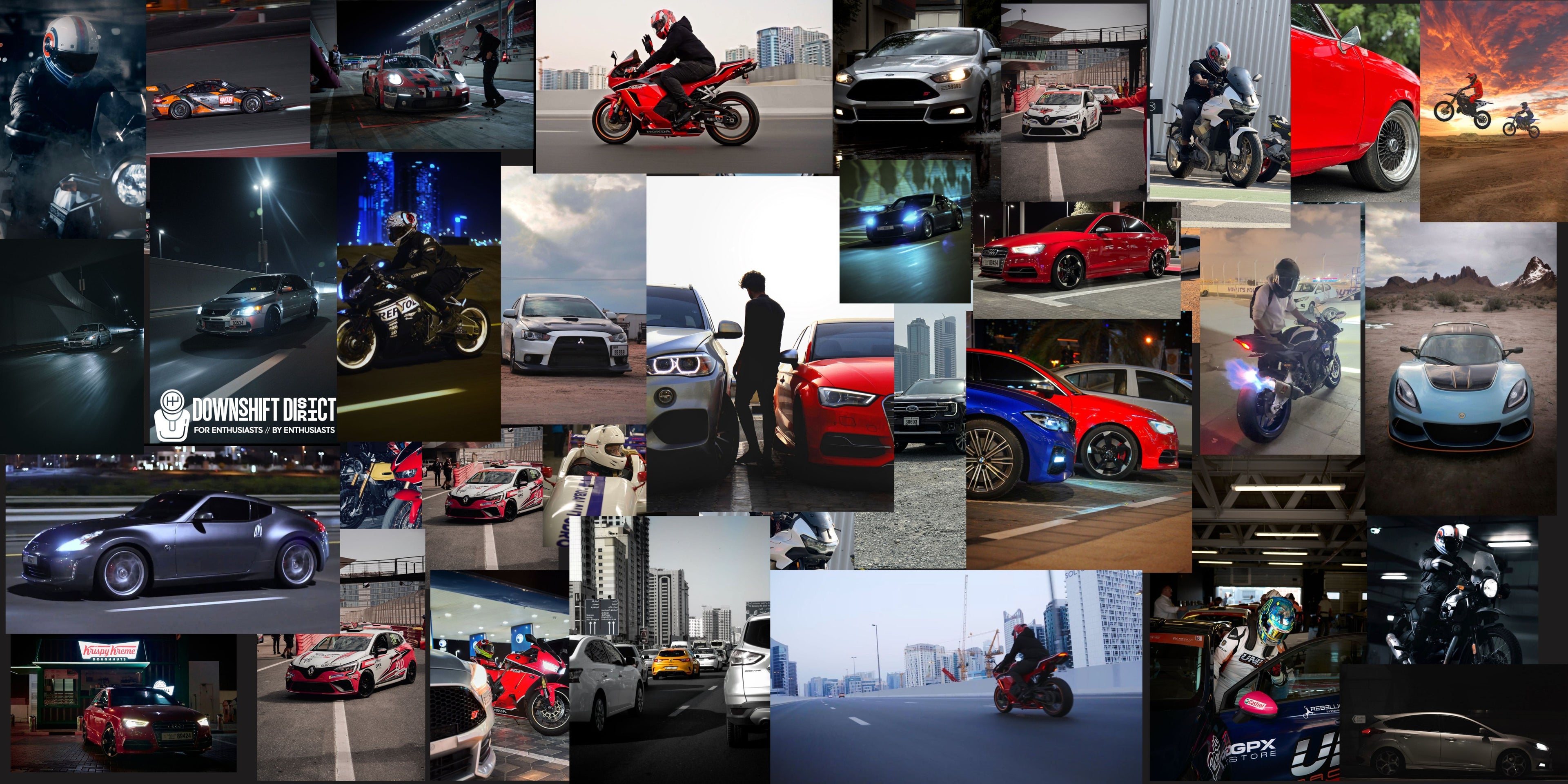 Motorcycles, Cars, Riders and Drivers of Downshift District 